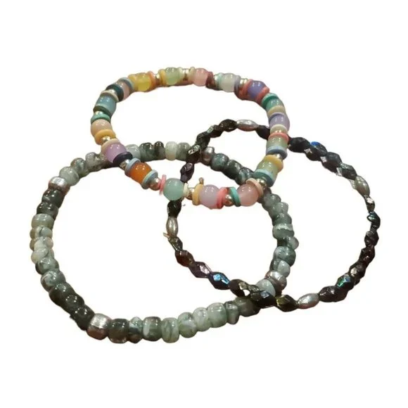 Bohemian Stretch Bracelets 3pcs with Multicolored Round Beads Chunky Jewlery - Picture 3 of 7